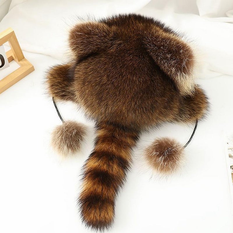 YJKIS Women Faux Fur Raccoon Tail Plush Hat Warm Winter Ear Protection Trapper Hat - Image 4